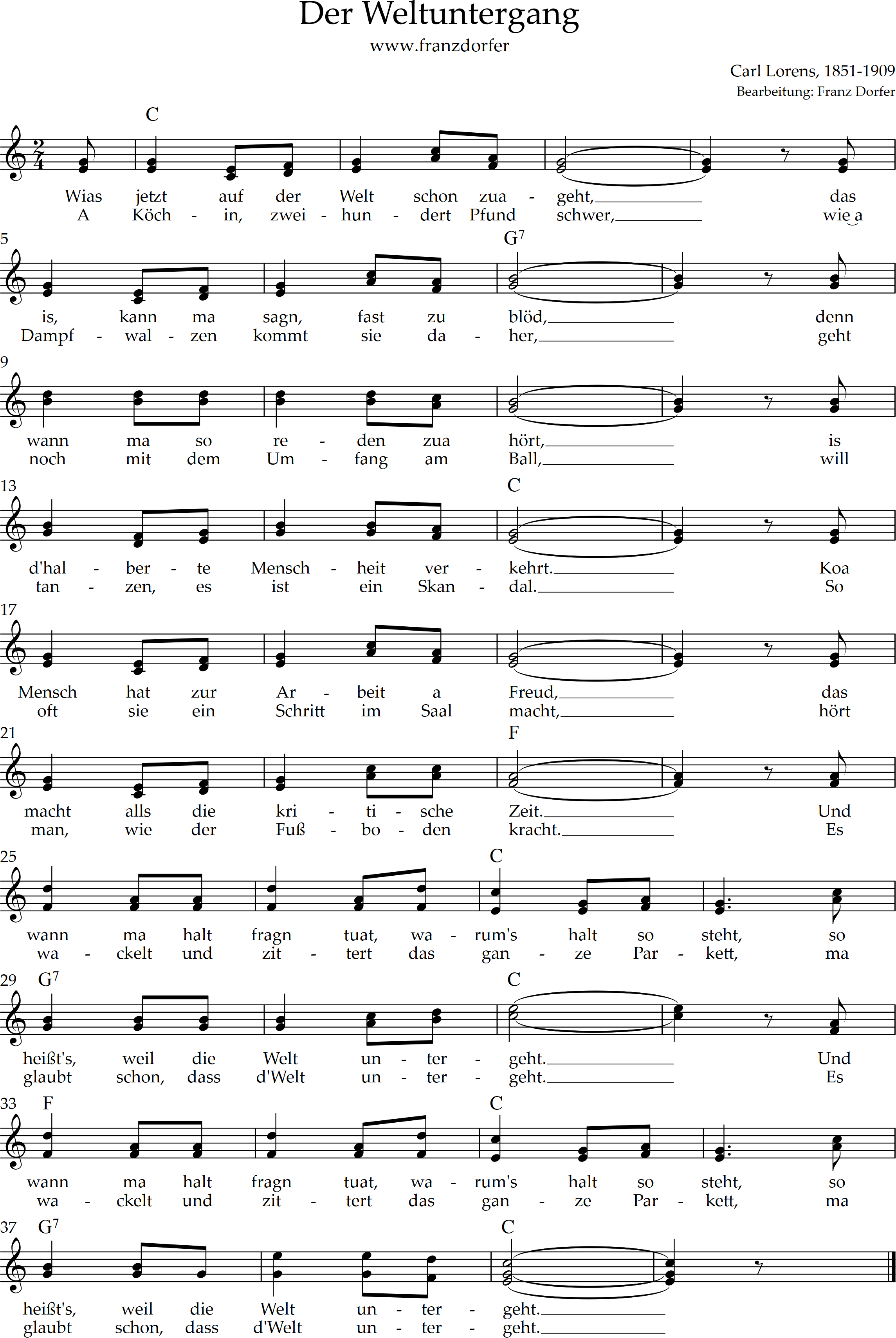 Leadsheet, C-Dur, Der Weltuntergang Akkordeonnoten - C-Dur, Der Weltuntergang
